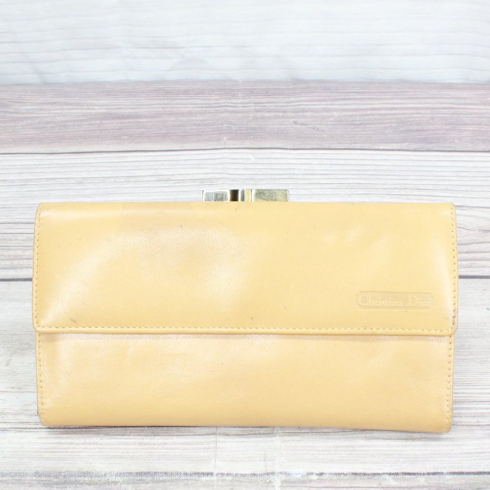 Vintage! Christian Dior Tan Leather Calfskin Kisslock Pouch Wallet - Picture 1 of 10